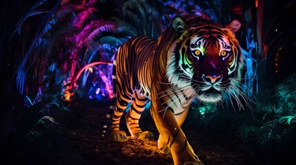 Tiger in the jungle is illuminated with neon light.