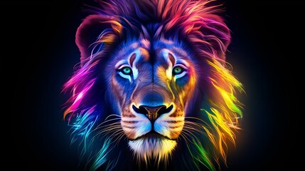 The lion's head is illuminated with neon light on a black background.