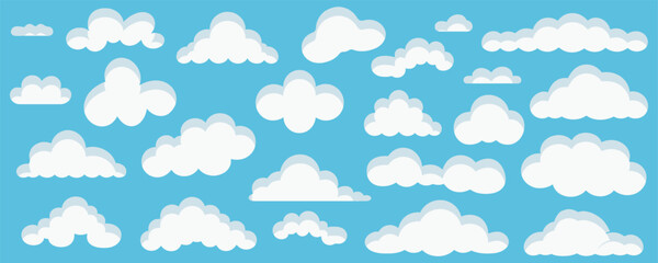 Clouds set isolated on a blue background. Simple cute cartoon design. Icon or logo collection. . Vector illustration
