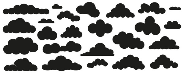 A set of black clouds on a white background. Vector illustration silhouette of clouds. 