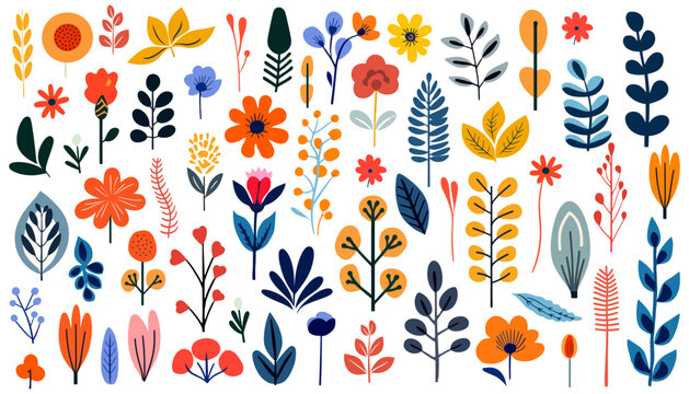 Hand drawn abstract wildflowers, set flowers and leaves, flat icons. Vector illustration