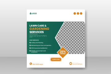  lawn care & gardening service social media cover or post and web banner design template with geometric green gradient color shapes