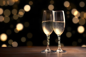 Two glasses of sparkling alcoholic drink on table. Festive background with golden bokeh