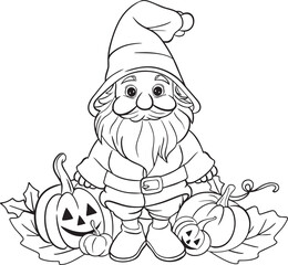 Happy Halloween. Gnome and Jack O’ Lanterns cartoon and pumpkins element. Doodles art for greeting cards and invitations. Coloring book for adults and kids.
