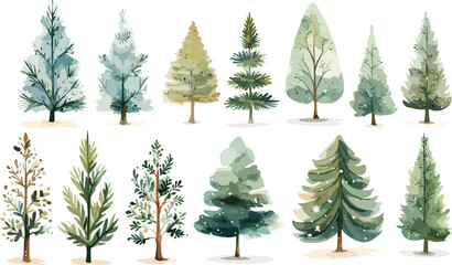 watercolor illustration set of chirstmas tree elements illustration. - obrazy, fototapety, plakaty