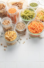 A variety of fusilli pasta from different types of legumes. Gluten-free pasta.