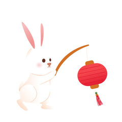 Adorable White Rabbit with Traditional Chinese Red Lantern, Illustration, Transparent