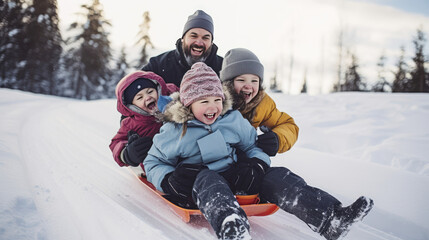 parent and children on sled