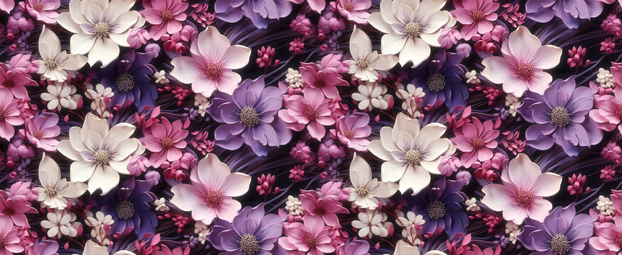 Pink, purple, and white flower blooms. Seamless repeatable background.