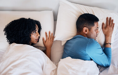 Frustrated couple, fight and lying in bed conflict, divorce or argument from disagreement or...