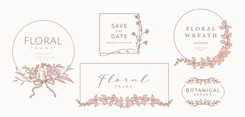 Hand drawn floral frames. Elegant vintage wreaths. Vector illustration, botanical decor elements for logo, label, corporate identity, branding, wedding invitation, greeting card, save the date