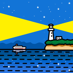 大海原を進む客船と夜の灯台
