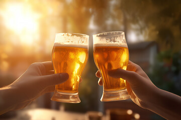 friends toasting glass of beer in hand ,happy group of friends celebrating ,drinking and toasting cold beer - beer drink advertising concept