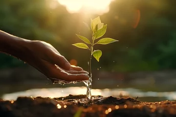 Fotobehang close up two hands holding water and watering young tree plant seed ,gardening advertising -global warming ,environmental nature Concept © Stock - Realm