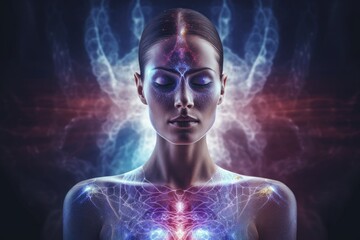 Naklejka premium Mind Body Spirit Integration, holistic medicine approach. Mental, physical and spiritual elements of the self. Human in rainbow healing energy
