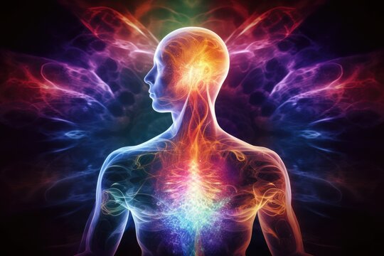 Mind Body Spirit Integration, holistic medicine approach. Mental, physical and spiritual elements of the self. Human in rainbow healing energy