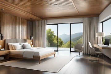 modern bedroom interior with comfortable bed and placed on rug under wooden ceiling near panoramic window overlooking trees in apartment