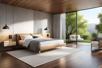modern bedroom interior with comfortable bed and placed on rug under wooden ceiling near panoramic...