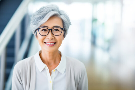 asian senior business woman with crossed arms smiling and look at camera on professional success ,person is fictitious ai generate