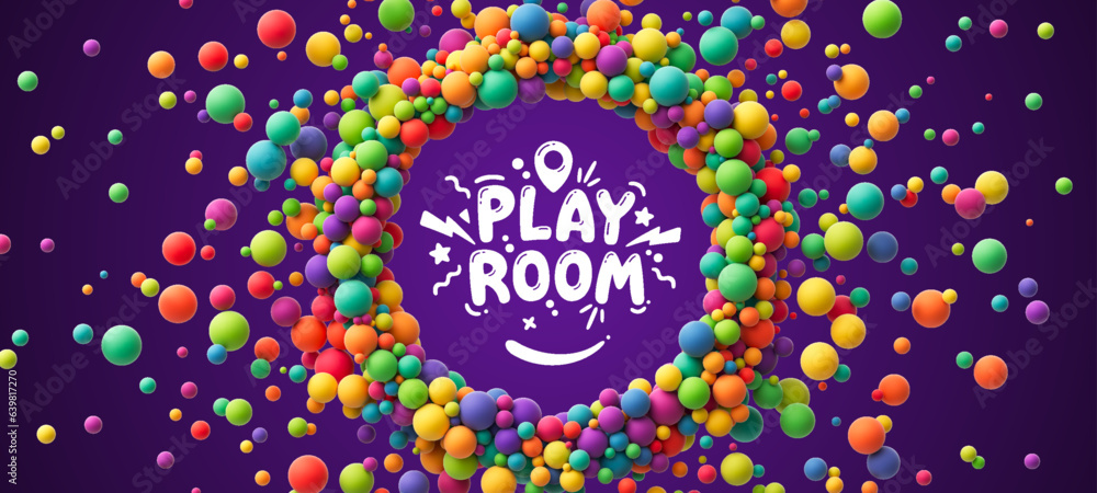 Aufkleber circle frame banner with colorful balls in different sizes for play room or celebration. abstract co