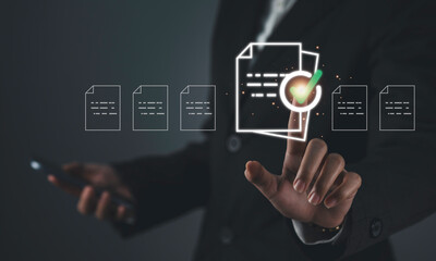 Performance checklist, Checklist survey for evaluation concept. Filling out digital form checklist, take an assessment. Digital document work, paperless, online survey. tick mark up on check boxes.