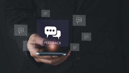 Feedback and review from experience customer concept. User comment rating of company online,...