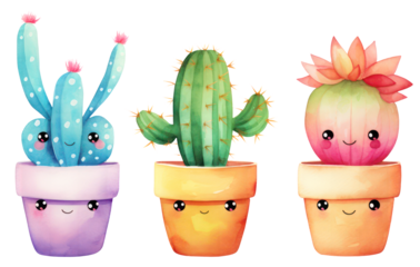 Watercolor funny cute cactus in pot set on white background, Watercolor Cactus Pots for decoration, cactus and succulents set. Cute green cactus in flower pots