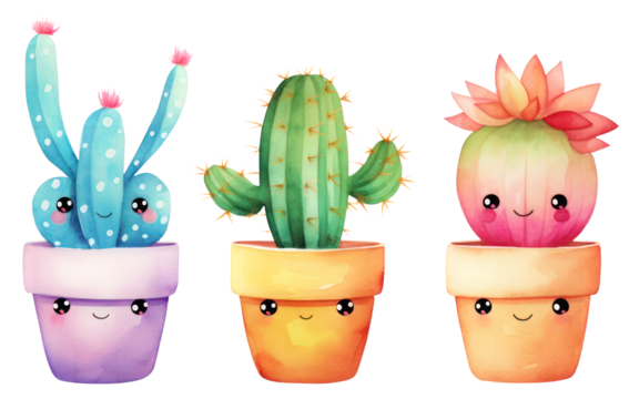 Watercolor funny cute cactus in pot set on white background, Watercolor Cactus Pots for decoration, cactus and succulents set. Cute green cactus in flower pots