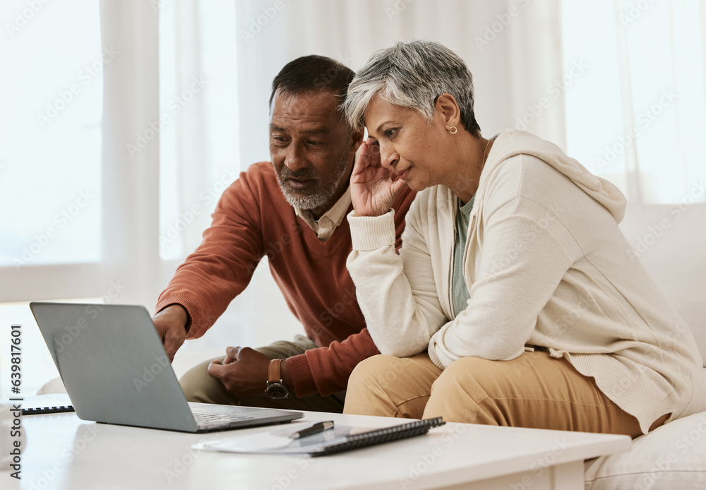 Canvas Prints Frustrated senior couple, laptop and financial crisis in debt, mistake or discussion on expenses or bills at home. Mature man and woman in finance, struggle or stress in budget planning on computer