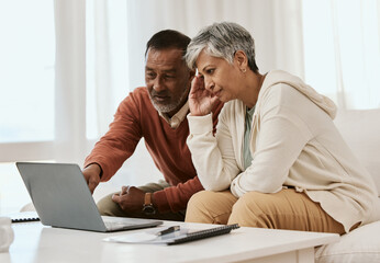 Frustrated senior couple, laptop and financial crisis in debt, mistake or discussion on expenses or...