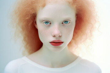 Portrait of beautiful young albino woman. Skincare, natural look, wellness, cosmetics concept. People diversity.