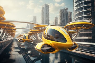 Future of Urban Air Mobility. Flying Taxis. Yellow self-driving passenger drones flying in the sky on city landscape
