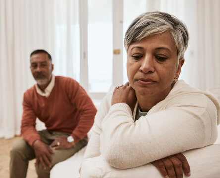 Senior, Frustrated And Couple In Fight, Conflict Or Argument In Divorce, Dispute Or Disagreement On Sofa. Mature Man And Woman In Toxic Relationship, Marriage Or Breakup From Cheating Affair At Home