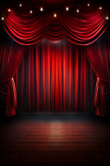 Red curtain on magic theatre stage, with spotlight show, with space for text
