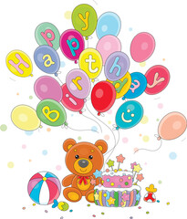 Happy birthday card with a funny toy teddy bear, colorful balloons, a fancy holiday cake, a striped ball and sweets, vector cartoon illustration isolated on a white background
