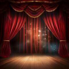 Red curtain on magic theatre stage, with spotlight show, with space for text