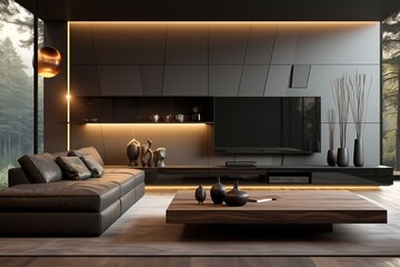 Minimalist Dark Living Room with Organic Elegance