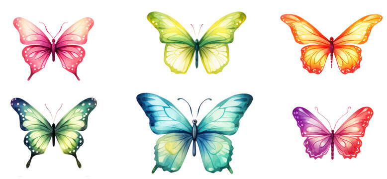 colorful set with pastel watercolor butterflies on white background