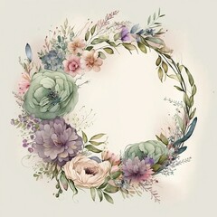  illustration featuring a floral wreath adorned with blooming flowers and lush foliage