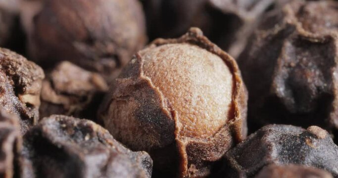 Peppercorns or black pepper spice. Super Macro Close Up.