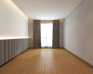Modern minimalist style empty room decorated with upholstered wall panels and white wall paint, wood floor and window curtain. 3d rendering