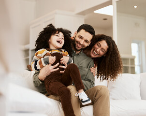 Family, father tickling child and mother, laughter and happiness at home with bonding and love. Fun...