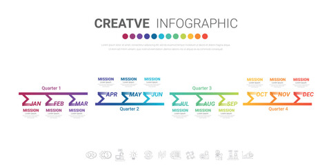 Infographic template for business. 12 Months modern Timeline element diagram calendar, 4 quarter steps milestone presentation vector .