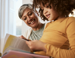 Home, happy family grandmother and child reading book, study kindergarten storybook and old woman...