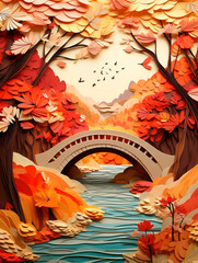 Autumn landscape with bridge and river. paper cut style.