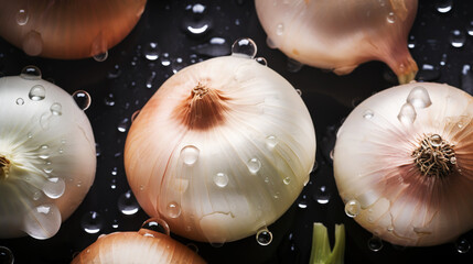 Fresh yellow onions with water drops background. Vegetables backdrop. Generative AI