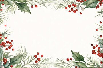 Christmas style border.  Xmas themed border around a white rectangle with fruits and holly leaves.
