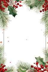 Xmas border desing around a blank space. Christmas themed border around a white rectangle with fruits and holly leaves.