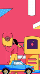 Vector internet operation hand-drawn illustration of people getting discounts for car refueling
