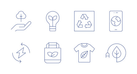 Ecology icons. Editable stroke. Containing care, bulb, recycle, phone, renewable energy, eco bag, tshirt, energy saving.